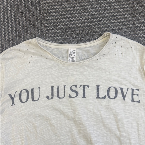 Magnolia Pearl “You Just Love” Cream Boyfriend Distressed Tee, One Size - Picture 7 of 9
